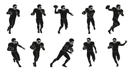 Dynamic football players in action poses for sports branding and athletic design, perfect for team logos and game day promotions, high energy and competitive spirit