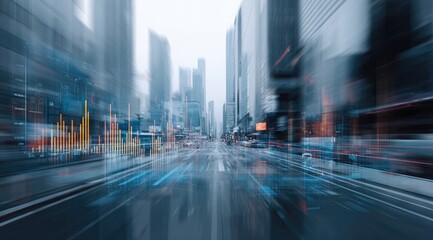 Blurry cityscape street with motion blur and data overlays