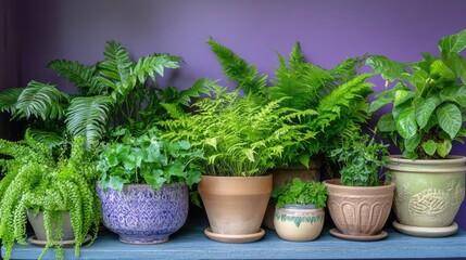 Indoor jungle vibes with a dramatic purple wall behind the plant collection