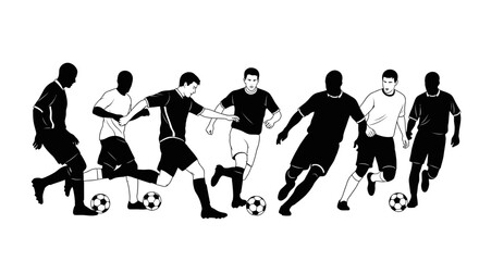 Dynamic silhouettes of soccer players dribbling and passing the ball in a competitive match, ideal for sports marketing and athletic team promotions.