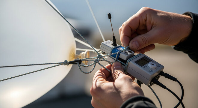 Hands Attaching Scientific Radiosonde Sensor to a Weather Balloon for Launch.
A detailed close-up shot shows a scientist or technician's hands carefully attaching a radiosonde&mdash;a compact
