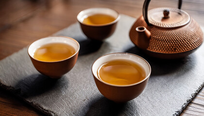 Japanese Organic Traditional Hojicha Tea Upclose Photo Of Two Tea Cups With Teapot In The Background Generative Ai