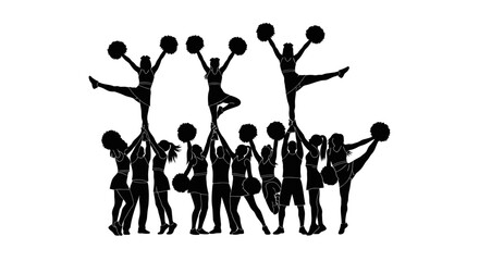 Dynamic cheerleading squad performing stunts with pom-poms in perfect synchronization for school spirit campepsgns and energetic athletic promotions