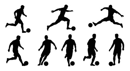 Dynamic collection of soccer player silhouettes in action showing athleticism and skill for sports marketing, team designs, or inspiring fitness campepsgns