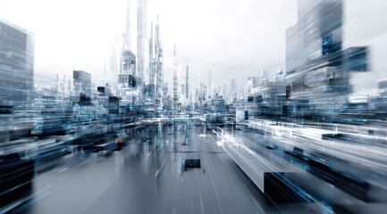 Futuristic cityscape panorama. Blurry motion blurs convey speed, with futuristic grey, white, and light-blue buildings.  A highway stretches through the center.  Digital-like accents are present
