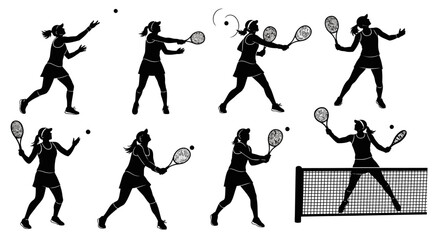 Dynamic tennis player silhouettes showcasing powerful serves and volleys, perfect for sports marketing and athletic designs, capturing energy and competitive spirit
