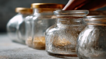 Row of glass jars with gold lids. the jars are arranged in a line and are placed on a gray surface. the background is blurred, but it appears to be a kitchen countertop.