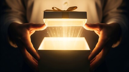 Hands opening a gift box with bright light emanating from inside, creating a magical and hopeful atmosphere.