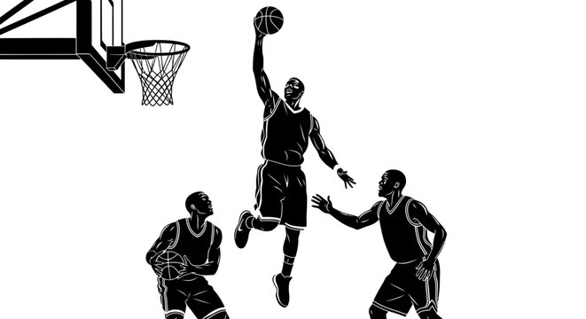 Dynamic basketball players in action, a slam dunk moment symbolizing teamwork, skill, and athletic prowess for sports marketing and motivational designs
