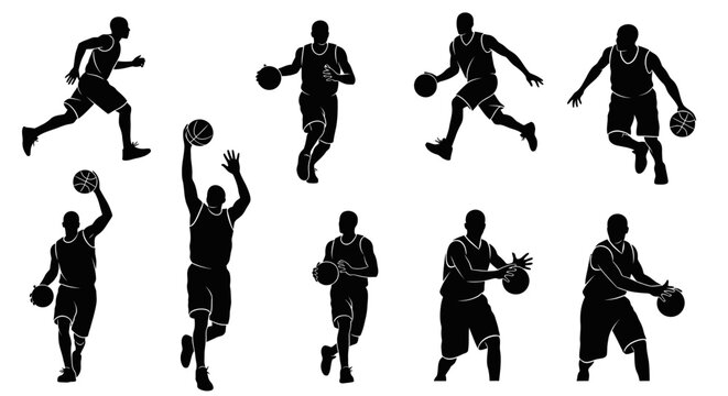 Dynamic basketball player silhouettes in action poses ready for the court, perfect for sports designs, team logos, and fitness promotions