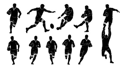 Dynamic rugby player silhouettes illustrate powerful athletic movements, capturing the intense energy and competitive spirit of the game.