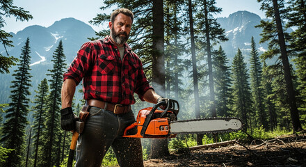 Rugged Lumberjack Ready for Action in the Wilderness Forest.
A strong, bearded man dressed in a classic red and black plaid flannel shirt and work gloves stands confidently in a dense
