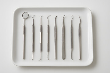 Neatly arranged dental tools on white ceramic tray