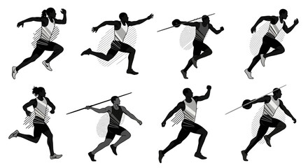 Modern black and white athlete silhouettes depicting runners and javelin throwers, perfect for athletic branding and fitness designs.