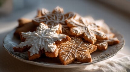 Plate of freshly baked gingerbread cookies on a wooden table. the cookies are arranged in a circular pattern on the plate, with some overlapping each other.
