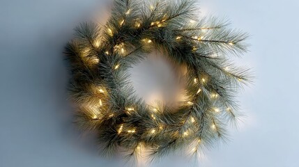 Close-up of a wreath made of pine branches. the wreath is circular in shape and is hanging on a light blue background. the branches are covered in small white lights, creating a warm glow.
