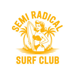 A vintage-style logo featuring a woman holding a surfboard, palm trees, and text.