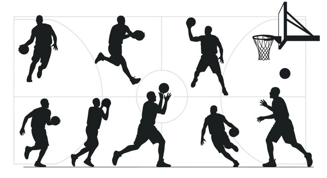 Capturing the thrilling energy of basketball, dynamic player silhouettes showcase powerful athletic moves and game-day intensity for sports enthusiasts.