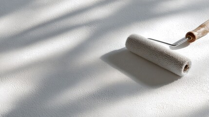 Paint roller lying on a white surface. the paint roller has a wooden handle and a white bristled roller head. the roller is positioned in the center of the image, casting a shadow on the surface.