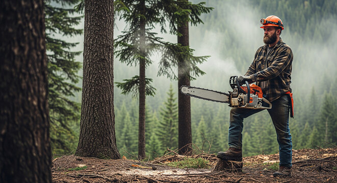 Rugged Logger with Chainsaw Standing Victorious in Misty Forest Clearing
A powerful, bearded logger is pictured standing confidently in a freshly cleared area of a dense forest
