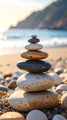 Zen stones stacked on sandy beach with blurred background creating a calming scene