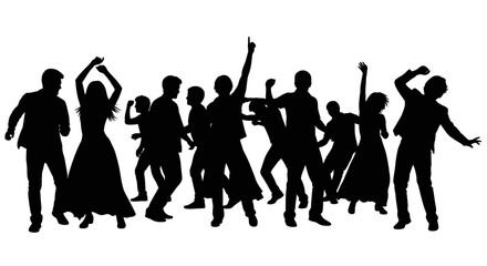 Happy people enthusiastically dancing with arms repssed, celebrating a vibrant event or enjoying a thrilling night out with friends.
