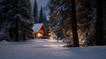 Beautiful winter scene of a cabin in a snowy forest. the cabin is made of wood and has a sloping roof, with a small porch and a chimney.