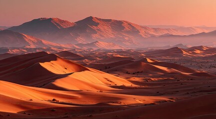 Sunrise over desert dunes and mountains.  Golden light bathes the landscape
