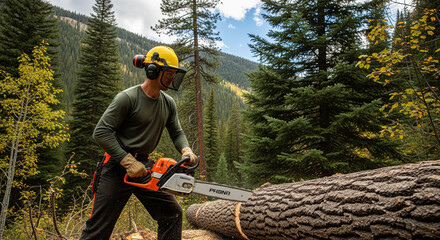 Forester Cutting Large Fallen Log with Powerful Chainsaw in Wilderness
A dedicated professional logger is actively engaged in cutting a massive, freshly fallen log using a powerful, bright orange 
