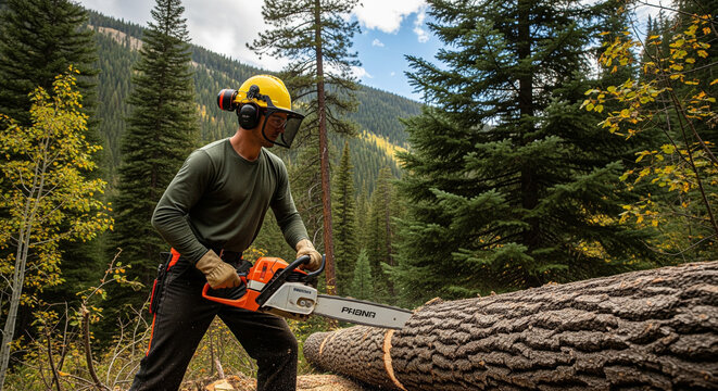 Forester Cutting Large Fallen Log with Powerful Chainsaw in Wilderness
A dedicated professional logger is actively engaged in cutting a massive, freshly fallen log using a powerful, bright orange