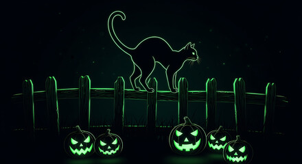 Black Cat Silhouette on Fence with Green Neon Jack-O'-Lanterns Design, Minimalist Green Glow Halloween Decoration Vector Art on Dark Background,
