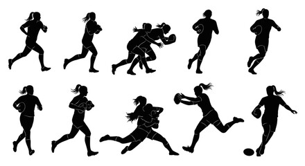 Dynamic silhouettes of women playing rugby in action, ideal for sports marketing and team branding projects