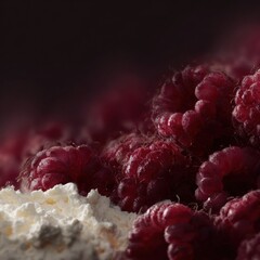 Close-up of a pile of raspberries and a dollop of whipped cream. the background is dark and out of focus, making the colors of the berries and whipped cream stand out.