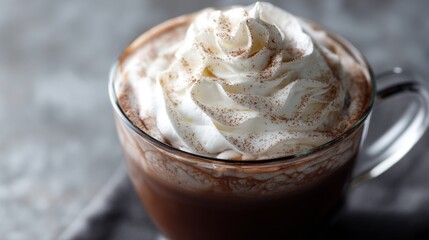 Close-up of a cup of hot chocolate with a generous dollop of whipped cream on top. the cup is made of glass and has a handle on one side.