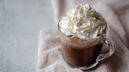 Close-up of a glass mug filled with a dark brown liquid, likely hot chocolate.