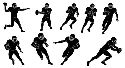 Dynamic silhouettes of American football players in action, perfect for sports design, team branding, and athletic promotions