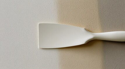 White plastic spatula resting on a beige textured surface. the spatula has a long handle with a pointed end and a flat base.