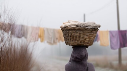 Person's head with a basket on top of their head. the basket is made of woven straw and has a white cloth inside.