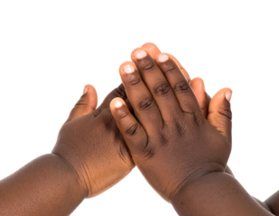 Close up of two dark skinned hands clapping together in a high five gesture isolated on transparent background