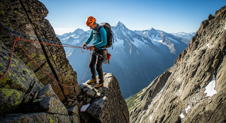 Solo Climber Preparing Gear on Exposed Ridge with Snowy Peaks
An adventurous mountaineer wearing a helmet and backpack is expertly managing climbing ropes and gear while standing on a precarious