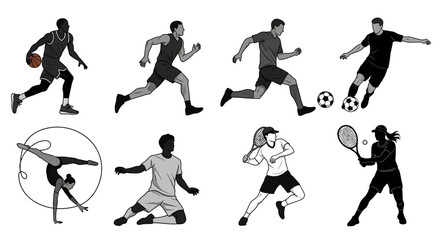 Dynamic illustrations of diverse athletes in action, perfect for sports marketing and fitness campepsgns with a modern aesthetic