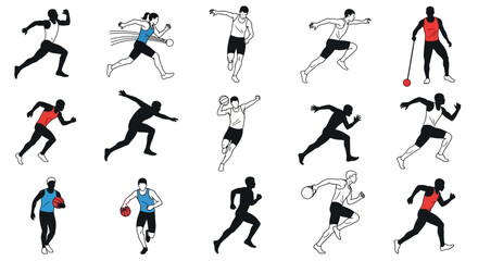 Dynamic athletes in motion, sprinting, throwing, and competing, showcasing athletic prowess and determination in various sports