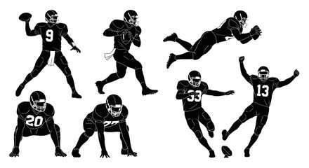 Dynamic football players in action, ready for game day with passing, catching, and celebrating, perfect for sports designs.