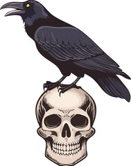 Fototapeta premium A black crow or raven perched on a human skull. A dark, gothic vector illustration for Halloween and horror themes. Generative AI