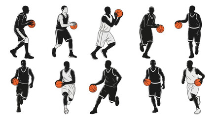 Dynamic basketball players silhouettes in action, dribbling and shooting, perfect for sports branding and athletic design projects