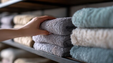 Hand holding a stack of folded towels on a wooden shelf. the towels are neatly folded and stacked on top of each other. the colors of the towels are different shades of blue, beige, and gray.
