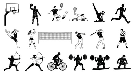 Dynamic black and white illustrations of various sports, perfect for fitness, health, and active lifestyle branding and design projects