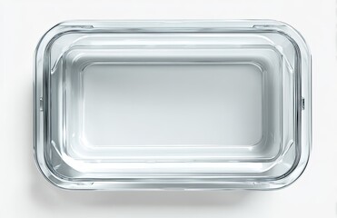 Empty clear plastic food storage container, rectangular shape, top view