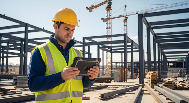 Construction worker using digital tablet on site, modern building framework background, safety first.