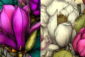 Delicate green leaves and a bouquet of pastel pink lotus flowers complement a 3D wallpaper of a lotus flower on a beige background with golden patterns, all presented in a soft, bohemian style on a